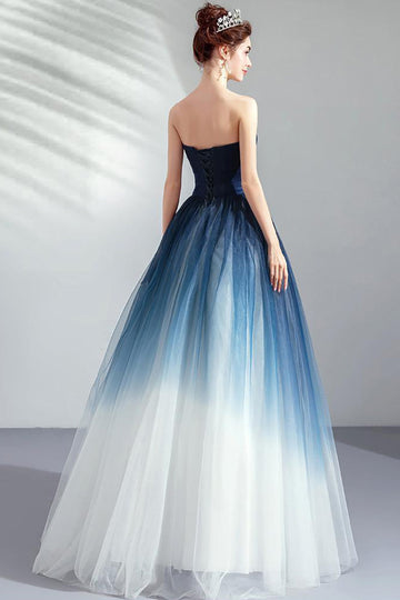 Robe longue soirée plissée en tulle sans bretelles bleu marine